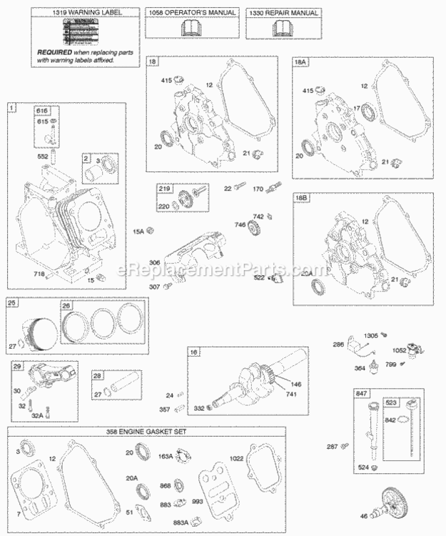 Camshaft Crankcase Cover Crankshafts Cylinder Lubrication Piston Group Diagram and Parts List for 123336-0180-E1  Briggs and Stratton Engine
